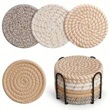 8 Pieces Of Absorbent Drink Coasters + Storage Rack, Coffee Table Woven Coasters, Kitchen Table Heat-Resistant Coasters And Thick Insulation Pads - White Series 8 Pieces + Storage Rack - View 1