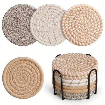 8 Pieces Of Absorbent Drink Coasters + Storage Rack, Coffee Table Woven Coasters, Kitchen Table Heat-Resistant Coasters And Thick Insulation Pads
