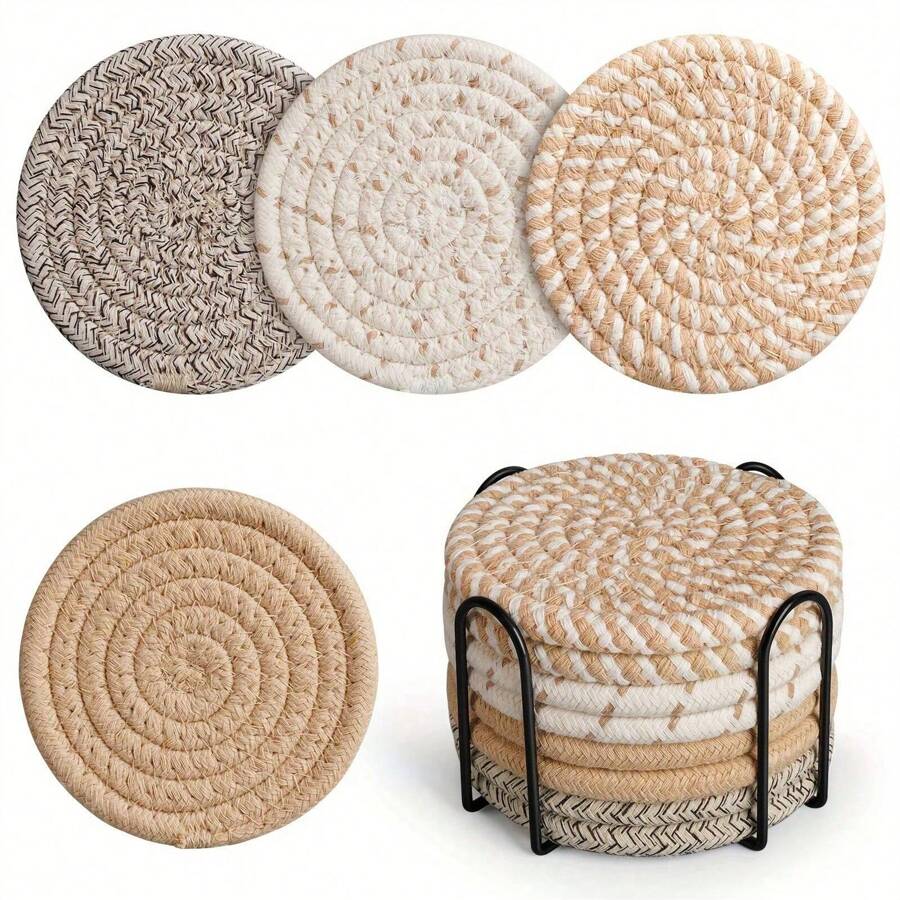 8 Pieces Of Absorbent Drink Coasters + Storage Rack, Coffee Table Woven Coasters, Kitchen Table Heat-Resistant Coasters And Thick Insulation Pads - White Series 8 Pieces + Storage Rack - View 1