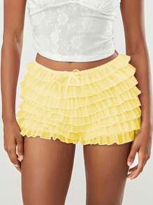 Women's Summer Ruffled Frilly Shorts, Multi-Layer Mesh Short Pants Sweet Cute Bloomers - Yellow - View 4