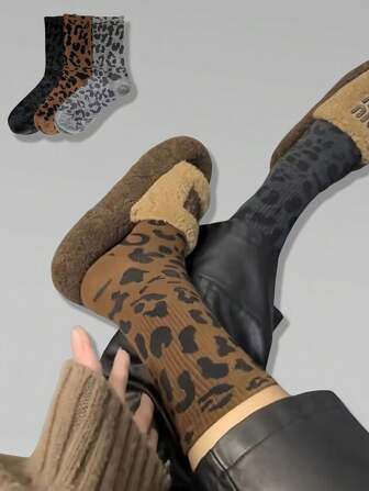 1 par de medias altas de leopardo para mujer, de cintura alta, con estética vintage y de tendencia, para otoño/invierno