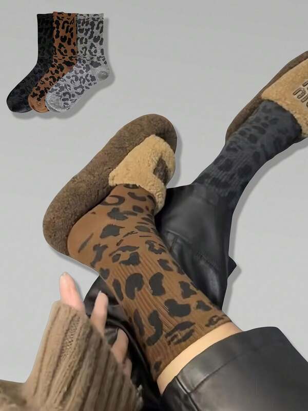 1 par de medias altas de leopardo para mujer, de cintura alta, con estética vintage y de tendencia, para otoño/invierno