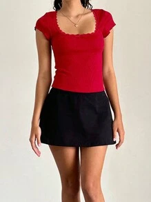 Women Girls Y2K Short Sleeve Shirt Top Fairy Grunge Lace Trim Square Neck Vintage T-Shirts Aesthetic Slim Fit Crop Tees Tops Streetwear - Đỏ - Xem 3
