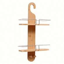 1pc Bamboo 2-Tier Hanging Shower Caddy, Natural Bamboo Material, Shower Head Holder Back To School