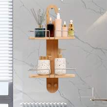 1pc Bamboo 2-Tier Hanging Shower Caddy, Natural Bamboo Material, Shower Head Holder Back To School