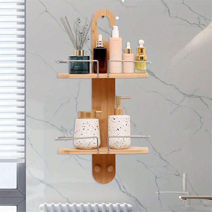 1pc Bamboo 2-Tier Hanging Shower Caddy, Natural Bamboo Material, Shower Head Holder Back To School
