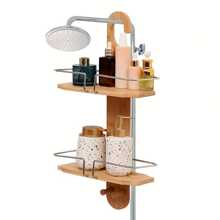 1pc Bamboo 2-Tier Hanging Shower Caddy, Natural Bamboo Material, Shower Head Holder Back To School
