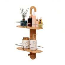1pc Bamboo 2-Tier Hanging Shower Caddy, Natural Bamboo Material, Shower Head Holder Back To School