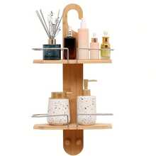 1pc Bamboo 2-Tier Hanging Shower Caddy, Natural Bamboo Material, Shower Head Holder Back To School