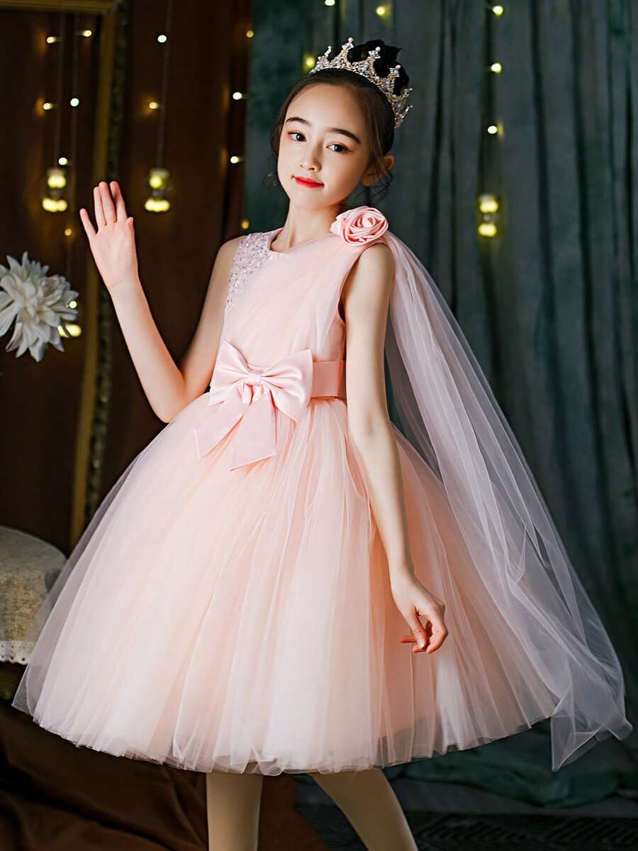 Đầm dự tiệc bằng vải tuyn hoa 3D nơ cho bé gái, Đầm công chúa thanh lịch thích hợp cho tiệc sinh nhật, đám cưới, sự kiện trang trọng, lễ hội - Hồng - Xem 1