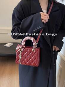 绗缝 PU 菱形图案迷你手提包，休闲百搭女士单肩包/斜挎包，优雅妈咪包 - 酒紅色 - 查看 6