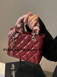 绗缝 PU 菱形图案迷你手提包，休闲百搭女士单肩包/斜挎包，优雅妈咪包 - 酒紅色 - 查看 4