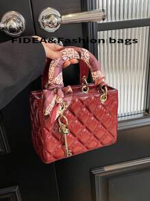 绗缝 PU 菱形图案迷你手提包，休闲百搭女士单肩包/斜挎包，优雅妈咪包 - 酒紅色 - 查看 5