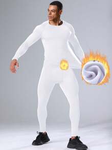 2 件套男友风格男士保暖运动套装、保暖内衬健身服、长袖打底衫和紧身健身套装 - 白色 - 查看 5