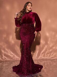 فستان سهرة ماكسي مطرز بالترتر مقاس كبير حجم المرأة برقبة وأكمام طويلة لون بوردو