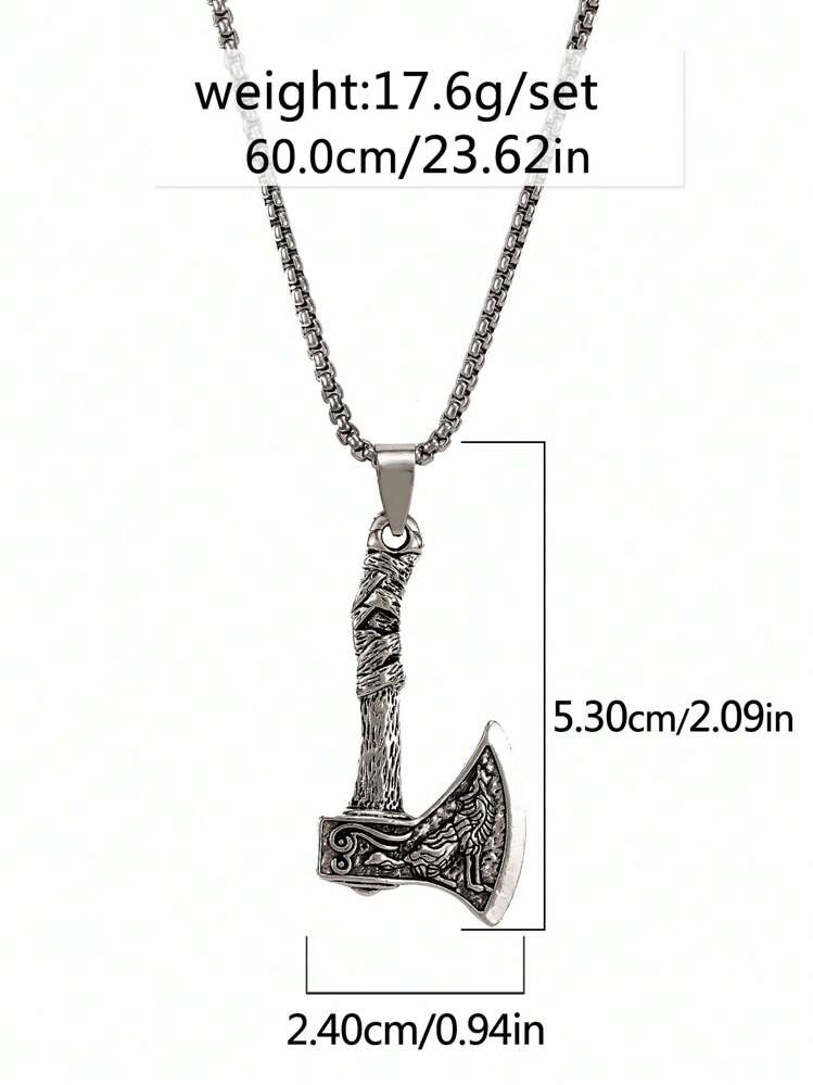 1 件新款维京海盗珠宝凯尔特狼与乌鸦双面斧头吊坠项链，男士复古钛钢时尚长毛衣项链，批发，生日礼物，独特的不锈钢颜色不会褪色 - 復古銀色 - 查看 5
