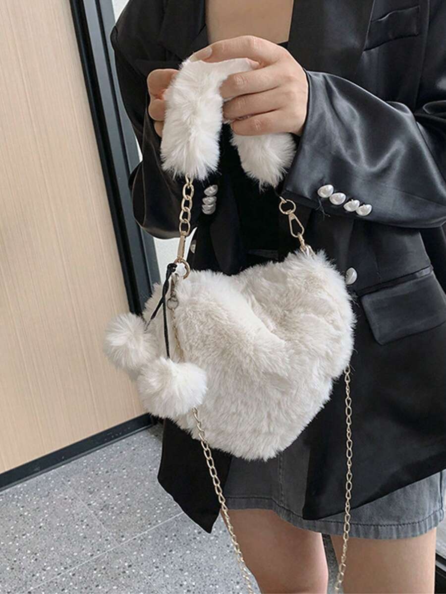 XD 毛絨錢包，心形設計，蓬鬆柔軟，小巧便攜，可用作單肩包或手拿包，時尚心形錢包，情人節穿搭完美搭配，新款女款毛絨包