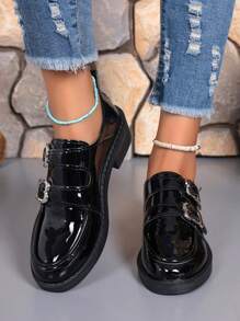 大码黑色水晶扣平底鞋，简约时尚的工作鞋，穆勒一脚蹬设计，女士方头乐福鞋，金属装饰，舒适正式平底鞋，英式软底绒面莫卡辛鞋，粗低跟鞋 - 黑色 - 查看 5