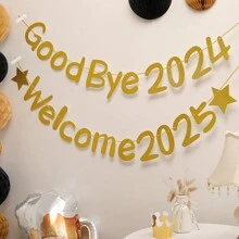 1 set Au revoir 2024 Bienvenue 2025 Paillettes dorées Serpentins Décoration de fête du Nouvel An Bannière