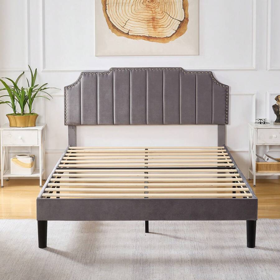 VECELO Bed Frame With Height Adjustable Nailhead Trim Headboard, Double