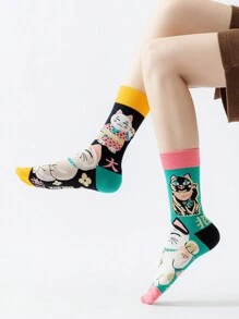 Cartoon Lucky Cat With Sparkling Lines Women's Mid-Calf Socks