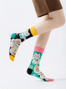 Cartoon Lucky Cat With Sparkling Lines Women's Mid-Calf Socks