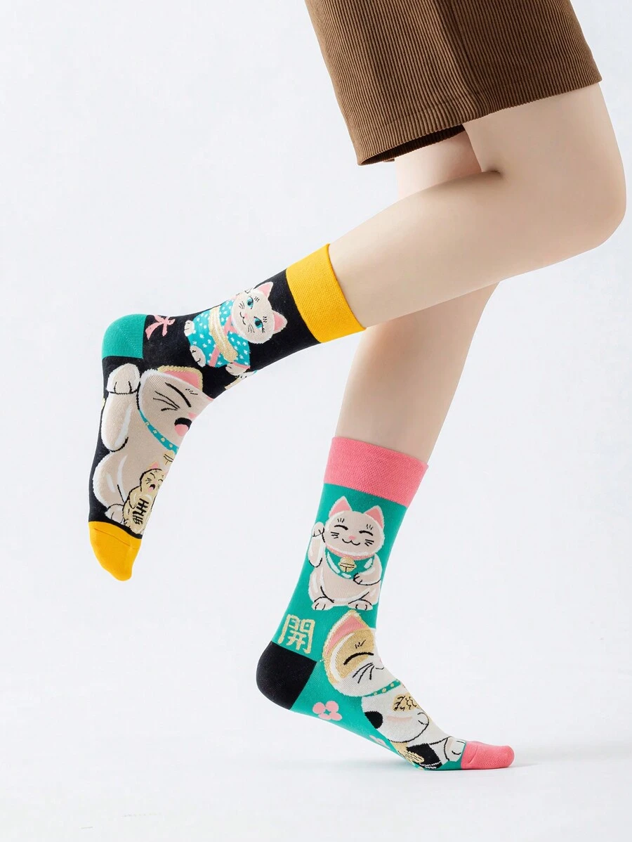 Cartoon Lucky Cat With Sparkling Lines Women's Mid-Calf Socks