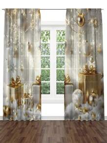 2件套圣诞雪人窗帘，家居客厅装饰薄纱窗帘，轻薄半透明面料，卧室客厅隐私窗帘 - 金色 - 查看 5