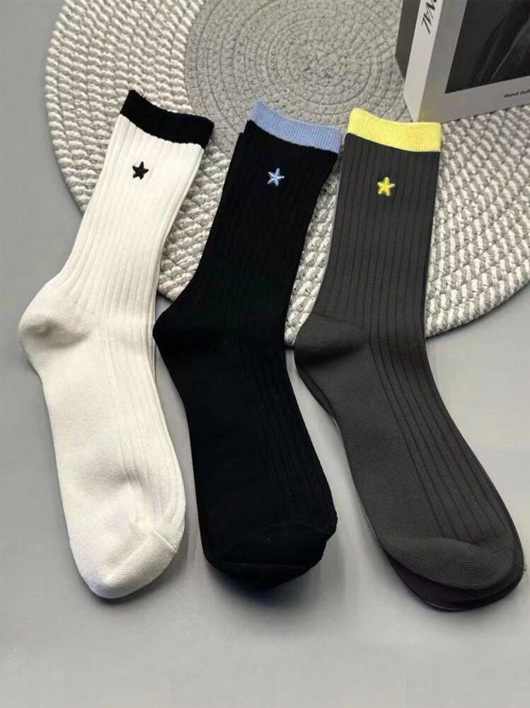3 双韩版星星混色女士中筒休闲袜，透气运动袜，秋季 - 彩色 - 查看 2