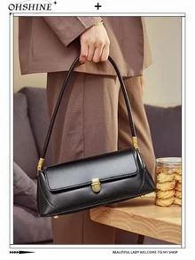 1 chiếc túi da PU French Baguette cổ điển thời trang, túi đeo vai nữ, túi xách retro màu nâu cà phê, túi đeo nách Y2K Chic - màu đen - Xem 2
