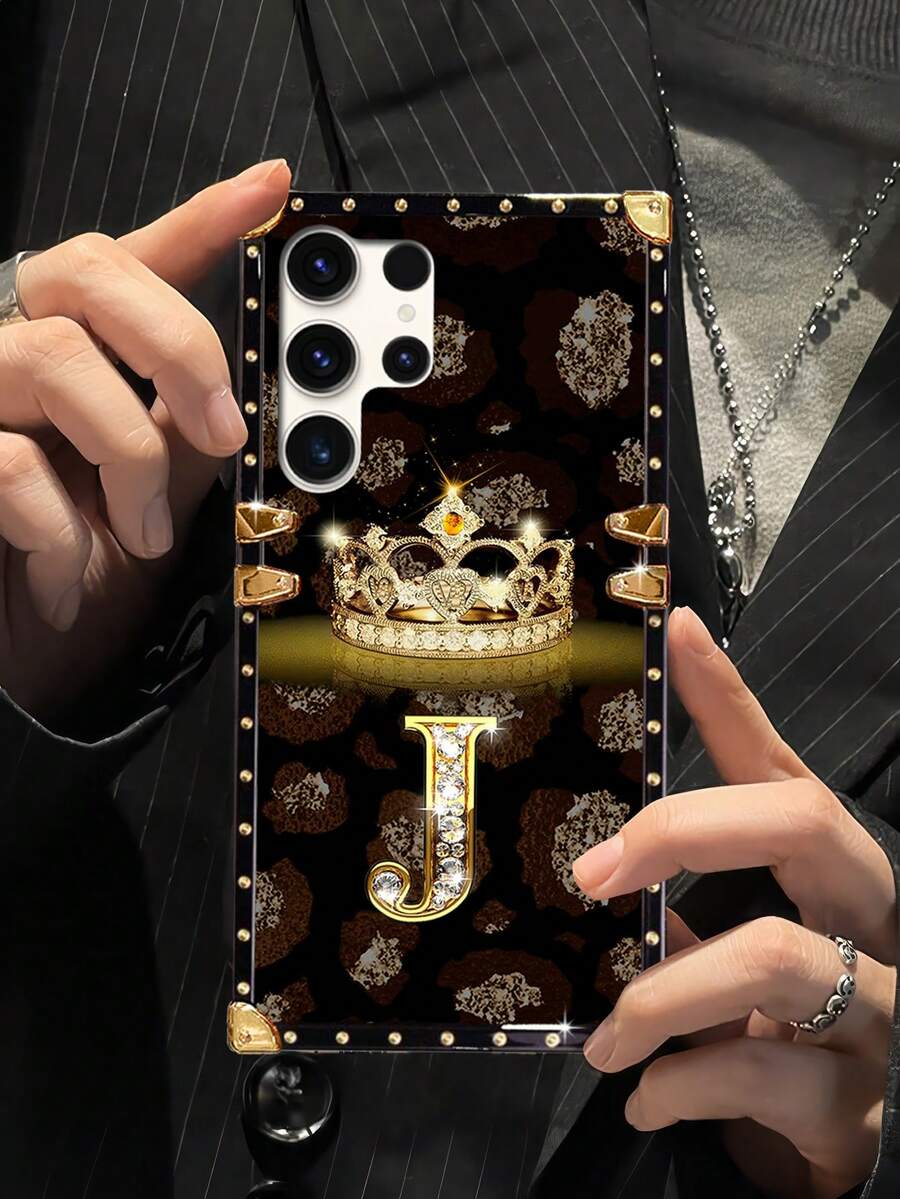 1pc Crown Letter "J" Rectangle Brand Anti-Drop Stylish Phone Case, Compatible With Apple IPhone/ Galaxy/OPPO Reno/Narzo/Vivo/TECNO - Multicolor - View 1