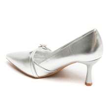Thin Heel Pumps With Decorative Straps And Gold Buckles - Silver - View 3