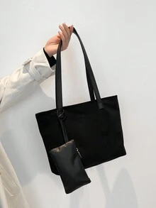 母女两件套零钱包，复古纯色大容量休闲单肩托特包，磨砂麂皮大包，撞色休闲托特包，磨砂纯色大包，优雅多功能通勤女士托特包 - 黑色 - 查看 4