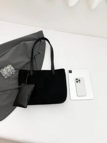 母女两件套零钱包，复古纯色大容量休闲单肩托特包，磨砂麂皮大包，撞色休闲托特包，磨砂纯色大包，优雅多功能通勤女士托特包 - 黑色 - 查看 7