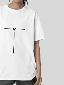 Blouse Oversized T-Shirt Heart And Cross Print Fashion - White - View 3