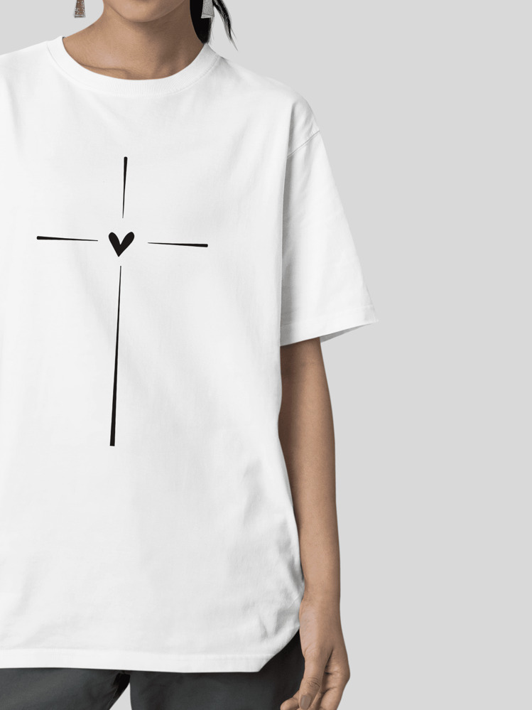 Blouse Oversized T-Shirt Heart And Cross Print Fashion - Blanco - Añade 3
