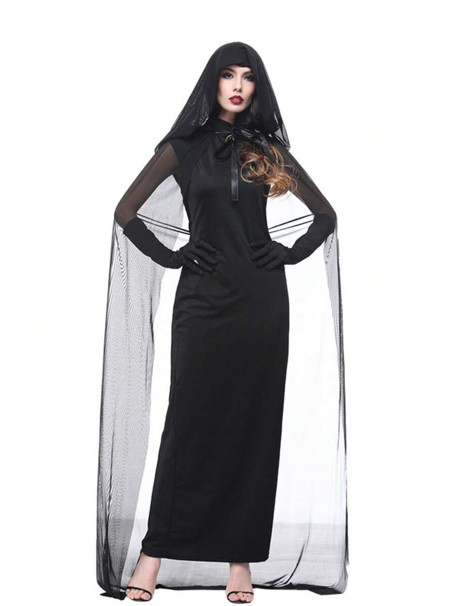 1 chiếc áo choàng cô dâu ma cà rồng lưới đen, áo choàng biểu diễn kịch, trang phục phù thủy nữ cho tiệc lễ hội - màu đen - Xem 1