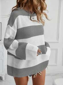 Women Casual Contrast Striped Pattern Drop Shoulder Loose Sweater - Grey - View 2