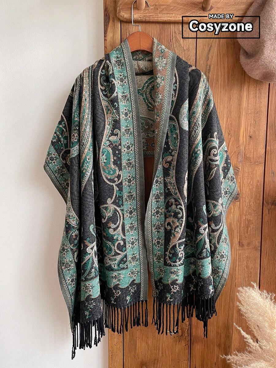 1 件女式复古佩斯利提花波西米亚风格保暖流苏围巾/披肩，秋冬旅行 - 綠色 - 查看 1