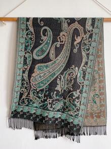 1 件女式复古佩斯利提花波西米亚风格保暖流苏围巾/披肩，秋冬旅行 - 綠色 - 查看 3