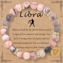 1 pieza Nuevo brazalete de cuentas de jaspe rosa con estampado de cebra de 8mm, Pulsera elástica con 12 signos del zodíaco, Juego de pulseras para pareja, Regalo de cumpleaños de joyería