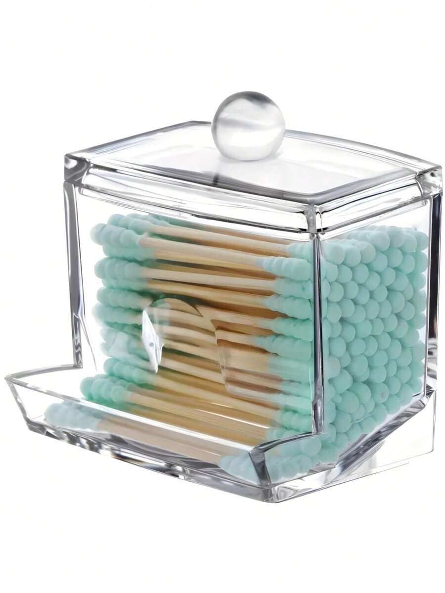 1 件透明清洁棉签收纳盒，带盖子和垫架，浴室储物盒，适用于工艺品用品