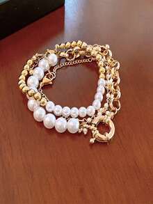 5 件时尚金属珠手链套装，仿珍珠和 CCB 小号和大号金珠多层手链，适合女性聚会和度假堆叠 - 多色 - 查看 5