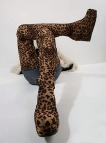 2024 新款女士豹纹绒面过膝靴，坡跟厚底可调节高度马靴，适合秋冬季户外活动 - 彩色 - 查看 1