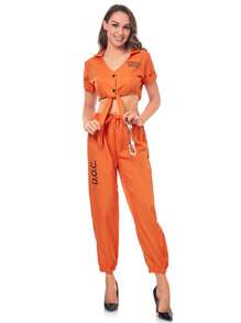 1 套成人囚犯服装，宽松弹性橙色字母印花街头嘻哈开叉领带运动衫 - 橘色 - 查看 6