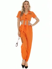 1 套成人囚犯服装，宽松弹性橙色字母印花街头嘻哈开叉领带运动衫 - 橘色 - 查看 9