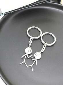 Bộ 2 móc khóa hình trái tim và hình trừu tượng bằng thép không gỉ tông màu bạc thời trang dành cho các cặp đôi, thích hợp sử dụng hàng ngày vào ngày lễ tình nhân - Bạc - Xem 1