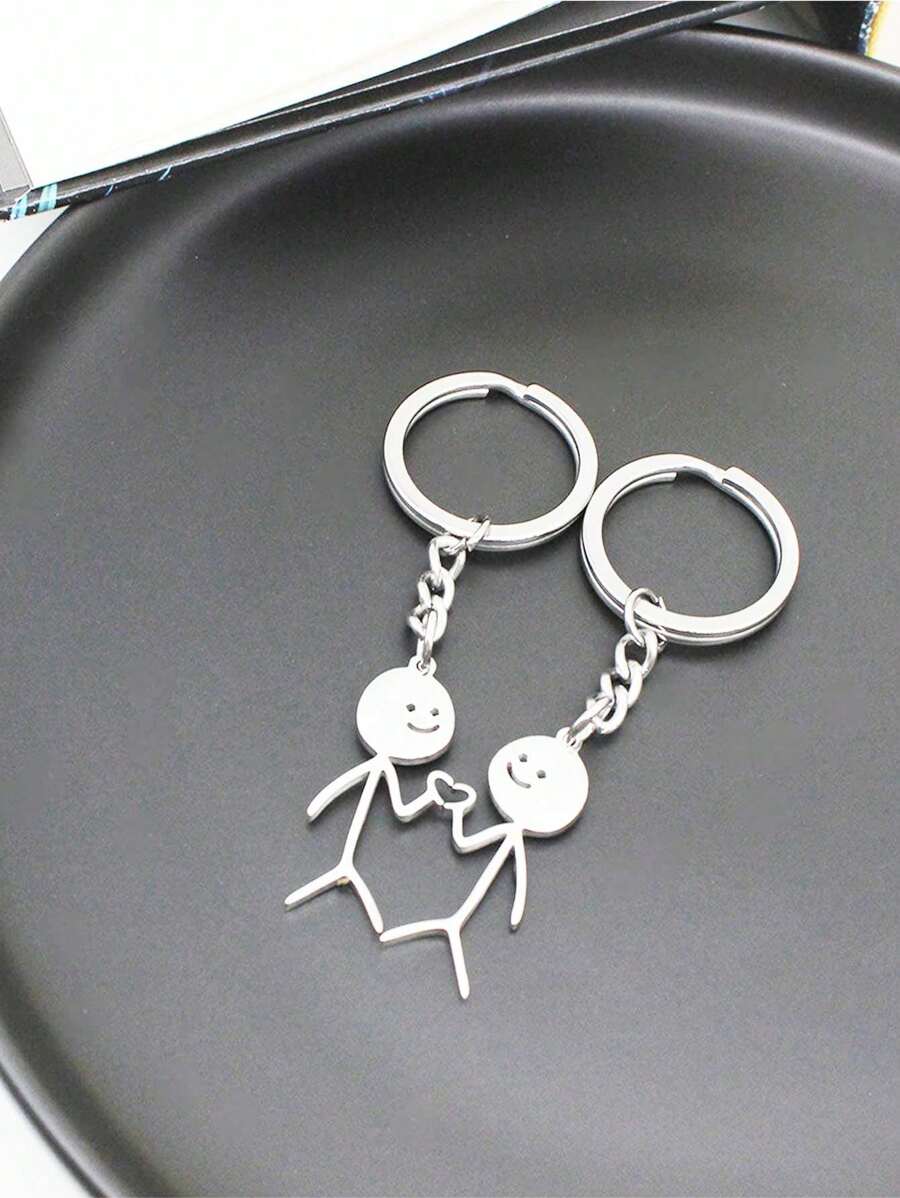 Bộ 2 móc khóa hình trái tim và hình trừu tượng bằng thép không gỉ tông màu bạc thời trang dành cho các cặp đôi, thích hợp sử dụng hàng ngày vào ngày lễ tình nhân - Bạc - Xem 1