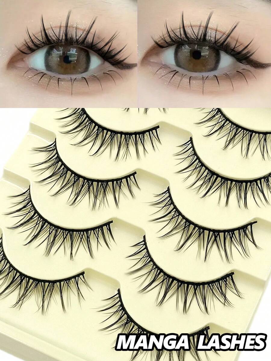 Asiteo 5 Pairs Of Luxurious Manga Lashes - Wispy Soft And Natural Look False Eyelashes ,Long-Lasting Beauty For Fashion-Forward Makeup Obsessives - Reusable For Multiple Glamorous Looks Makeup - 尖尾漫畫款 - 查看 1