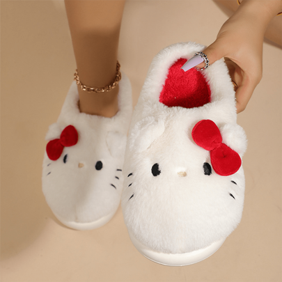 Sanrio Chinelos de pelúcia de desenho animado para mulheres, chinelos peludos fofos e quentes para casa, sapatos baixos para casa, chinelos de inverno